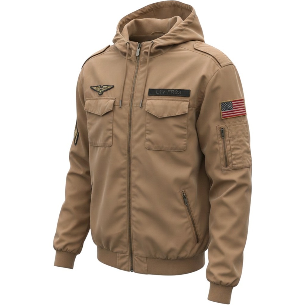 CSG Champs Sports Mens Tan Military Hooded Bomber Jacket LARGE Gorpcore Patches